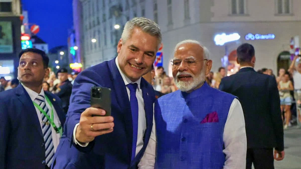Austrian Chancellor Karl Nehammer taking a selfie with PM Narendra Modi in Vienna on Tuesday.