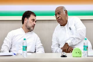 Leader of Opposition in Lok Sabha and Congress leader Rahul Gandhi (L) with party president Mallikarjun Kharge during a meeting
