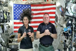 In this image from video provided by NASA, astronauts Sunita Williams, left, and Butch Wilmore give a news conference aboard the International Space Station on Wednesday, July 10, 2024.