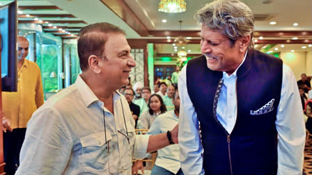 Former cricketers Kapil Dev and Sunil Gavaskar during the book launch of 'Zero for 5' based on former cricketer Pravin Amre, in Mumbai in October 2023