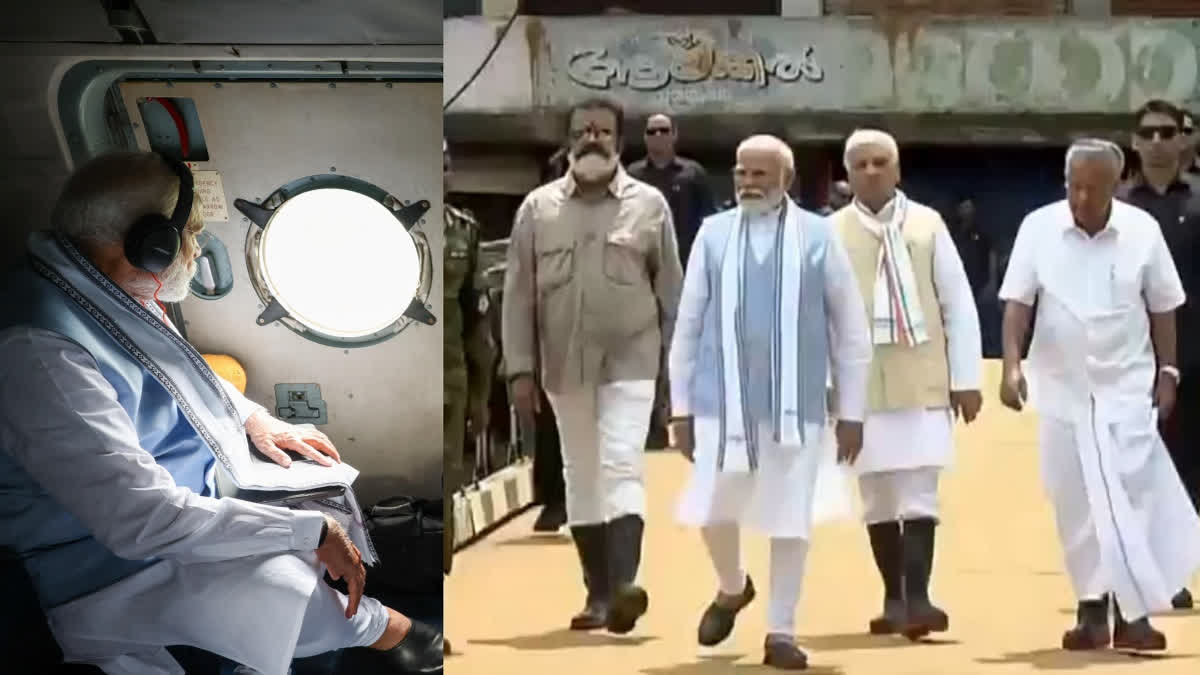 (Left) PM Modi carries out an aerial survey of the landslide-hit areas (Right) Modi in Chooralmala