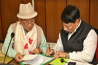 Border Area Development Minister of Assam Atul Bora (right) with Mizoram Home Minister Pu K Sapdanga in Aizawl on Aug 9, 2024.