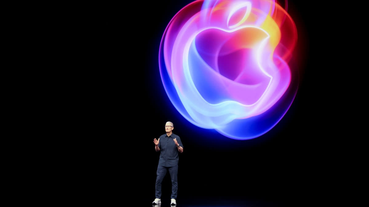 Apple CEO Tim Cook talks on the stage during an announcement of new products at Apple headquarters Monday, Sept. 9, 2024, in Cupertino, Calif.