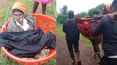 People Carried Old Man In Plastic Basket