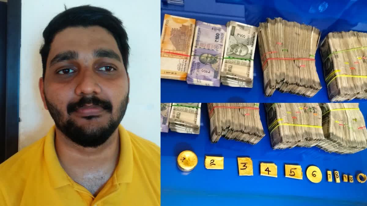 gold and hawala  Gold Smuggling One Arrested  Gold Smuggling  Gold and Hawala Smuggling  കുഴൽപ്പണവും സ്വർണവുമായി യുവാവ് പിടിയിൽ  കുഴൽപണ ഹവാല ഇടപാടുകൾ  black money hawala transactions  പണവും സ്വർണവും കവറിൽ ഒളിപ്പിച്ച നിലയില്‍  Money and gold hidden in plastic covers  Smuggling