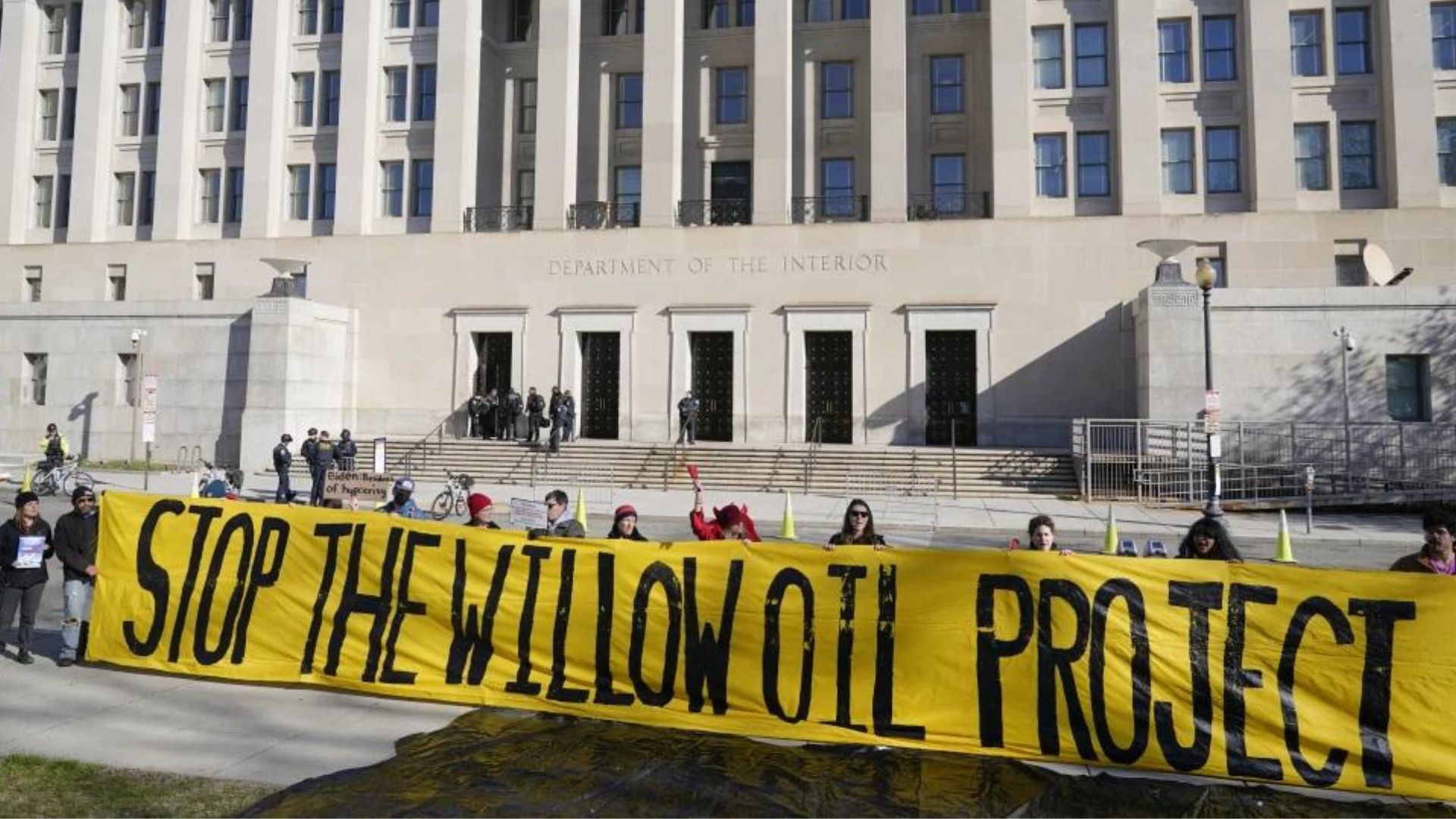 Demonstrators protest against the Biden administration’s approval of the Willow oil-drilling project before a scheduled speech by Biden at the Department of the Interior in Washington, March 21, 2023. A federal judge on Thursday, Nov. 9 upheld the Biden administration’s approval of the Willow oil-drilling project on Alaska’s remote North Slope, a massive project that had drawn the ire of environmentalists who accused the president of backpedaling on his pledge to combat climate change. (AP File Photo)