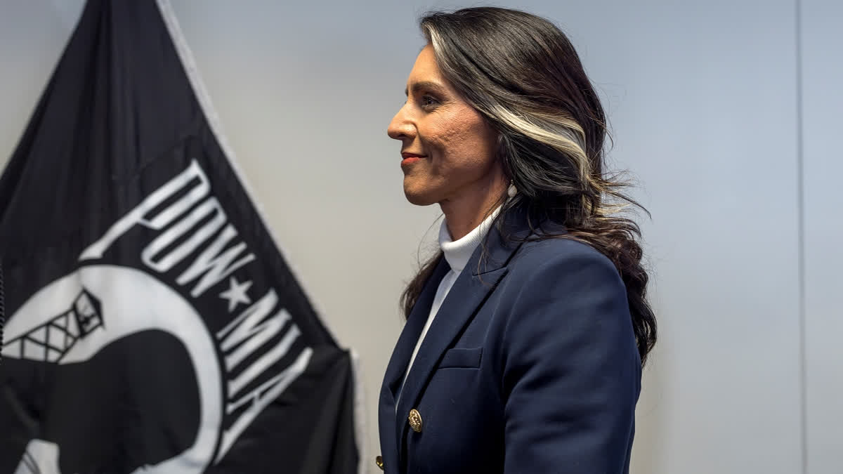 Tulsi Gabbard, President-elect Donald Trump's nominee to be director of National Intelligence, arrives to meet with Sen. Mike Rounds, R-S.D., a member of the Senate Intelligence Committee, at the Capitol in Washington, Monday, Dec. 9, 2024.