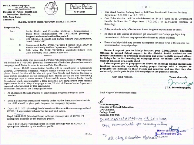 தமிழ்நாடு முழுவதும் போலியோ சொட்டு மருந்து முகாம் - பொது சுகாதாரத் துறை இயக்குநரகம் தகவல்