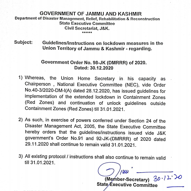 Circular issued by J&K govt regarding lockdown restrictions