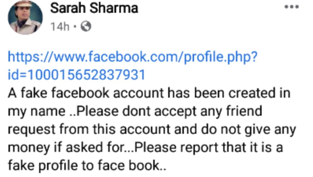 Allegation of fake facebook account in the name of IPS Sara sharma