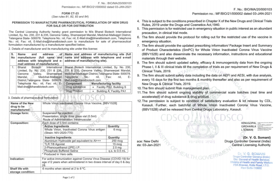 DCGI grants licensing permit to Bharat Biotech for covaxin preparation