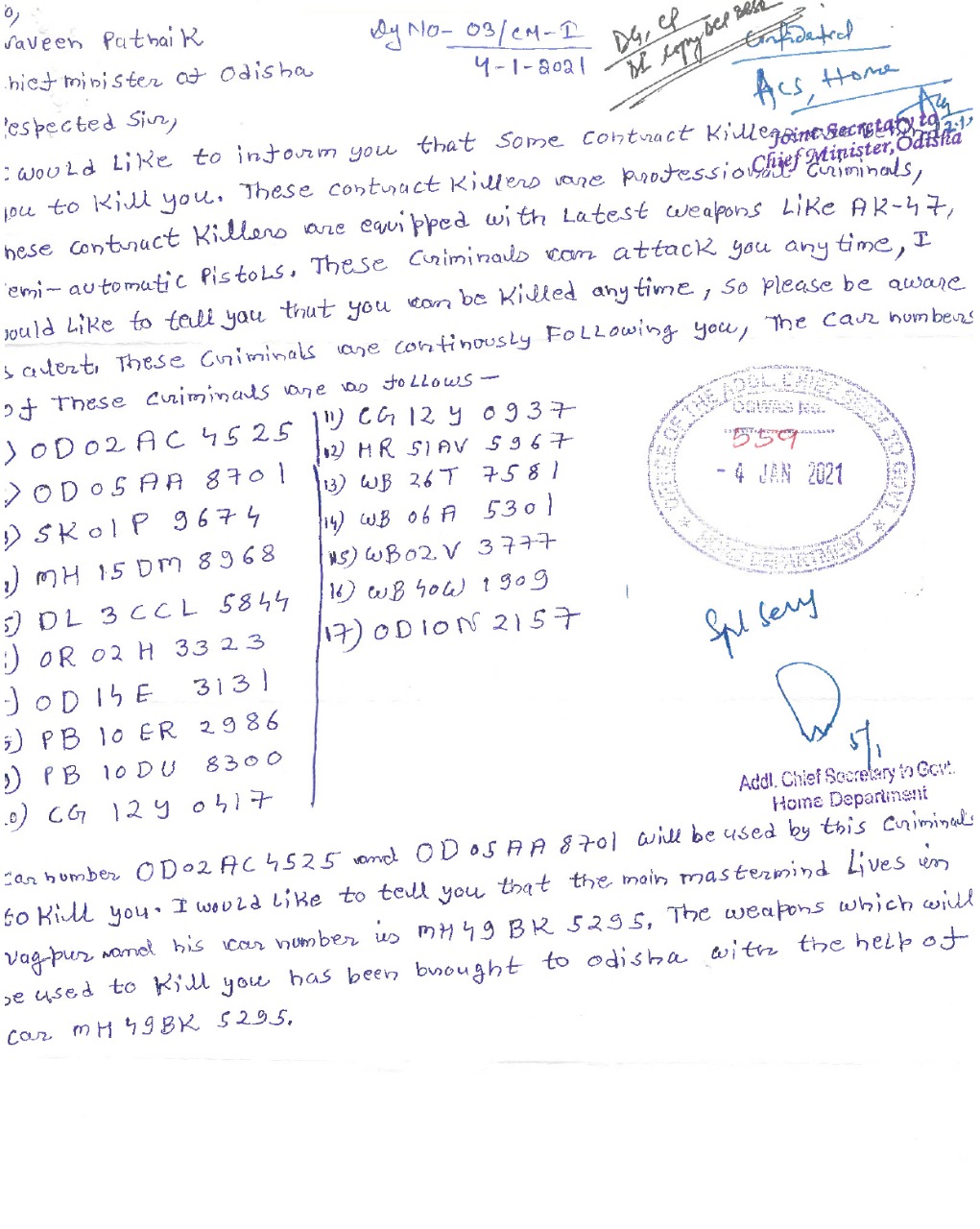 Odisha CM  Odisha CM receives anonymous letter  Odisha CM receives threat to his life  Death threat to Patnaik  ഒഡിഷ മുഖ്യമന്ത്രിക്കെതിരെ വധഭീഷണി കത്ത്  വധഭീഷണി കത്ത്  നവീൻ പട്‌നായിക്