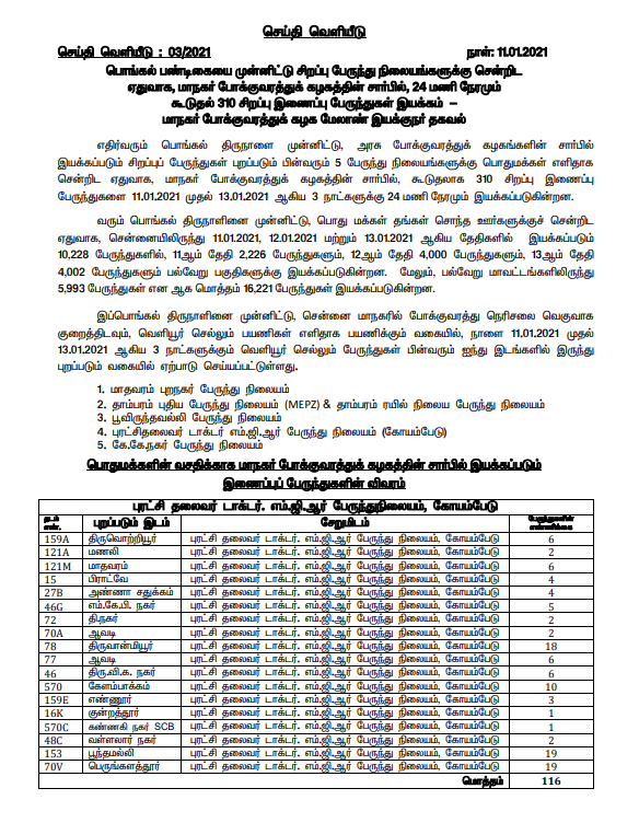 Special city buses on the eve of Pongal- Chennai Municipal Transport Corporation