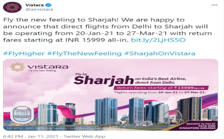 vistara will be start direct flight from Delhi to Sharjah