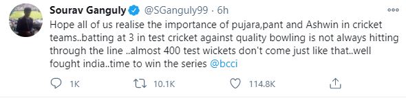 Sourav Ganguly praised the players of the Indian team on draw match