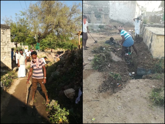 Cleaning work by new members of Kadiguppa Gram Panchayat