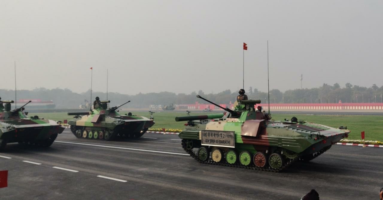 Troops parade at the Kariappa Parade Ground in Delhi on the occasion of Army Day on January 15.