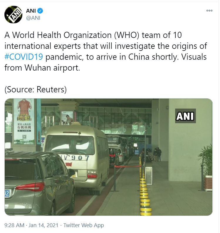 WHO visit in china  World Health Organization  കൊവിഡ് ഉത്ഭവം; ഡബ്ല്യു.എച്ച്.ഒയിലെ 10 അംഗ വിദഗ്‌ധ സംഘം ചൈനയിലെത്തി  കൊവിഡ് മഹാമരിയുടെ ഉത്ഭവം