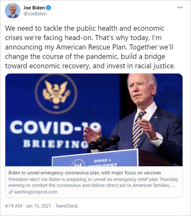 Biden announces USD 1.9 trillion stimulus Covid-19 'American Rescue Plan'