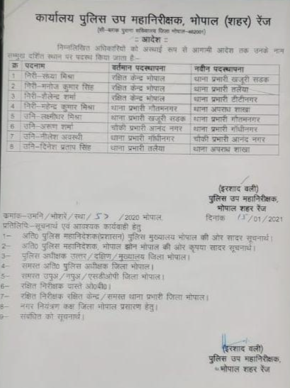 8 police station in charge transfers in Bhopal