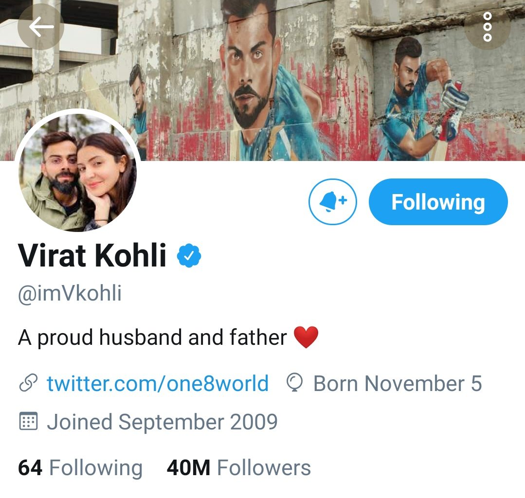 Virat Kohli changes Twitter bio after welcoming his newborn baby girl