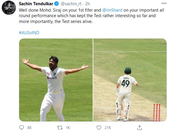 sachin tendulkar praised mohammad siraj and sardul thakur