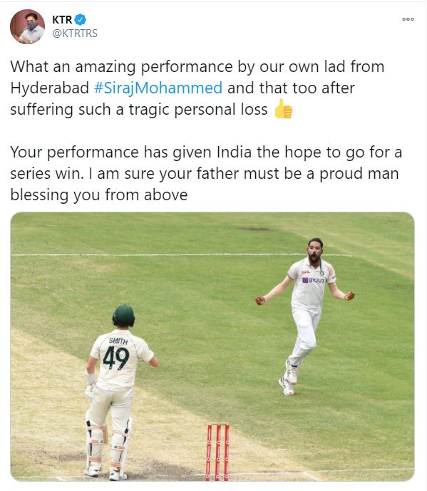 minister ktr twitter on cricketer siraj performance