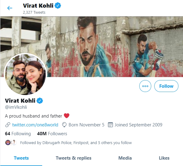 Virat Kohli edits Twitter bio to 'proud husband and father'