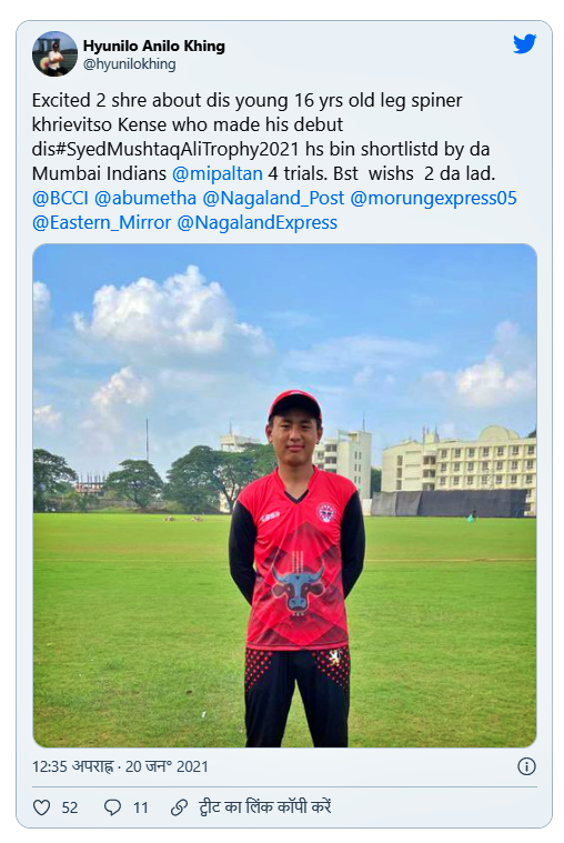 Mumbai Indians called Nagaland 16-year-old spinner Khrievitso Kense for trial