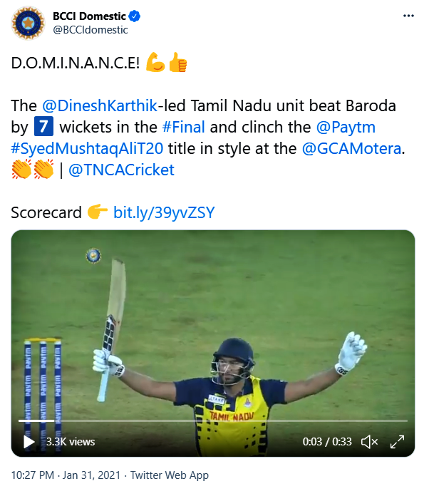 TamilNadu won Syed Mushtaq Ali Trophy 2021