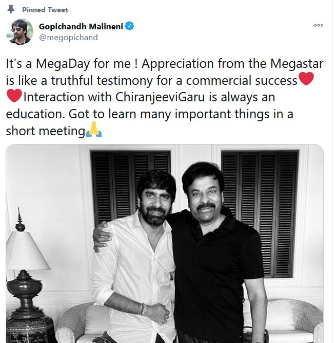 Megastar chiraneevi appreciated director gopichand