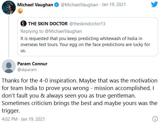 ex england captain Michael Vaughan been trolled by indian fan after win over australia in test series