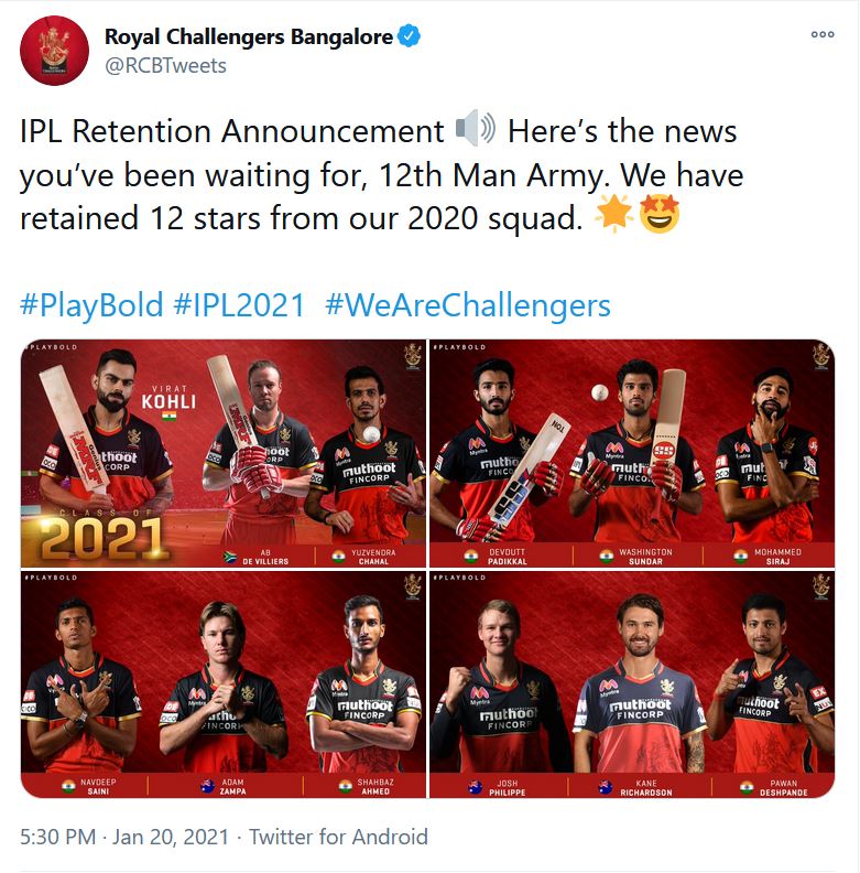 ipl 2021 royal challengers bangalore team