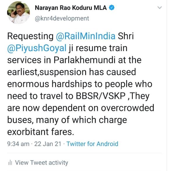 Paralakhemundi mla wrote a letter to the Railway Minister