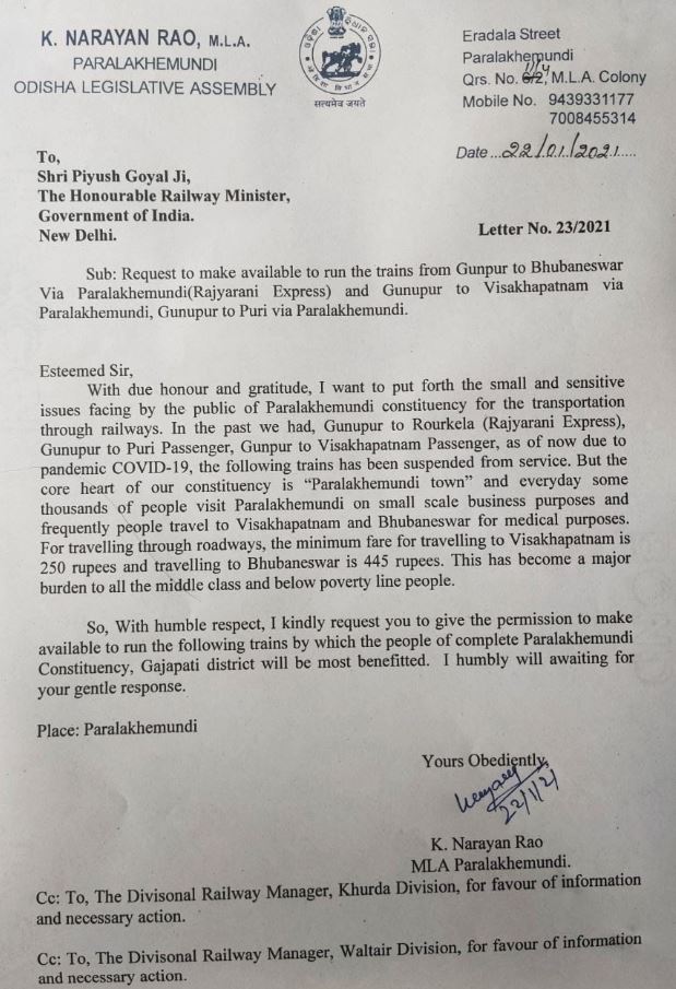 Paralakhemundi mla wrote a letter to the Railway Minister