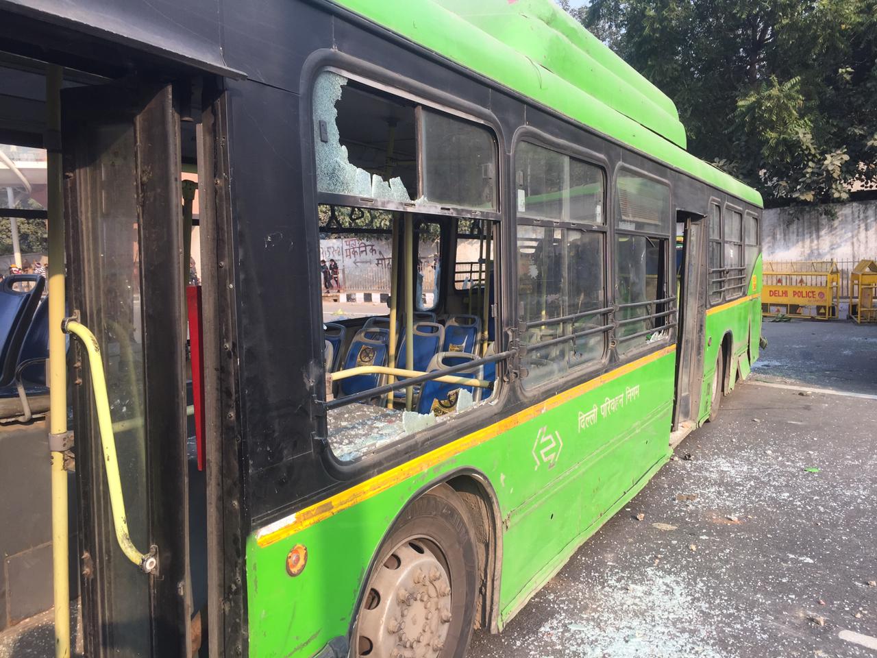 An image of the DTC bus damaged during the protests earlier in the day.