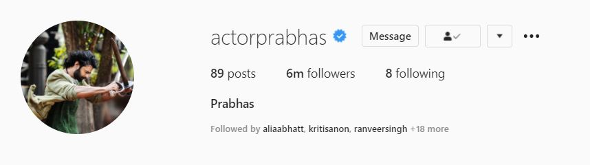 Young Rebelstar Prabhas Instagram account clocks 6M followers