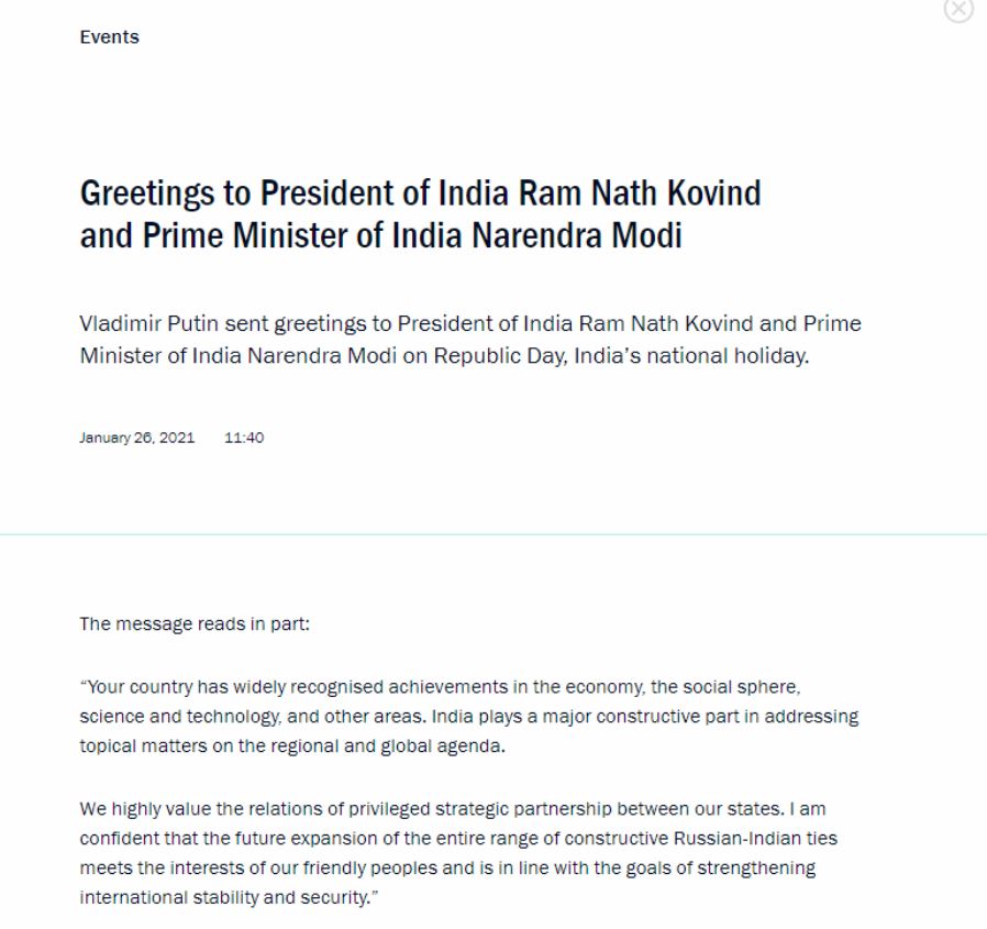 russia's congratulatory message on india's republic day