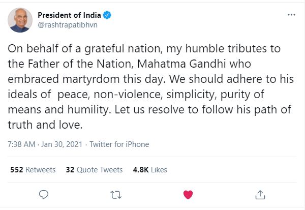 President pays tribute to Mahatma Gandhi