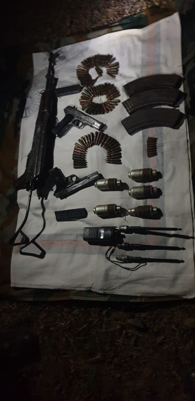 AK assault rifle, three magazines with 94 rounds, two pistols and five UBGL recovered from hideout