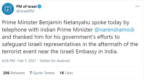 Netanyahu thanks Modi for safeguarding Israeli diplomats