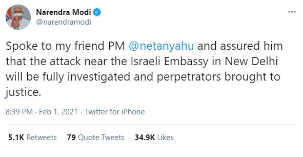 Netanyahu thanks Modi for safeguarding Israeli diplomats