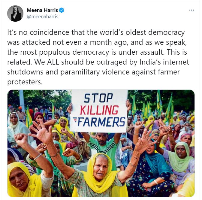 Kamala Harris niece came with farmers, said it is attack on biggest democracy