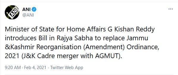 Tweet from Minister of State for Home Affairs G Kishan Reddy