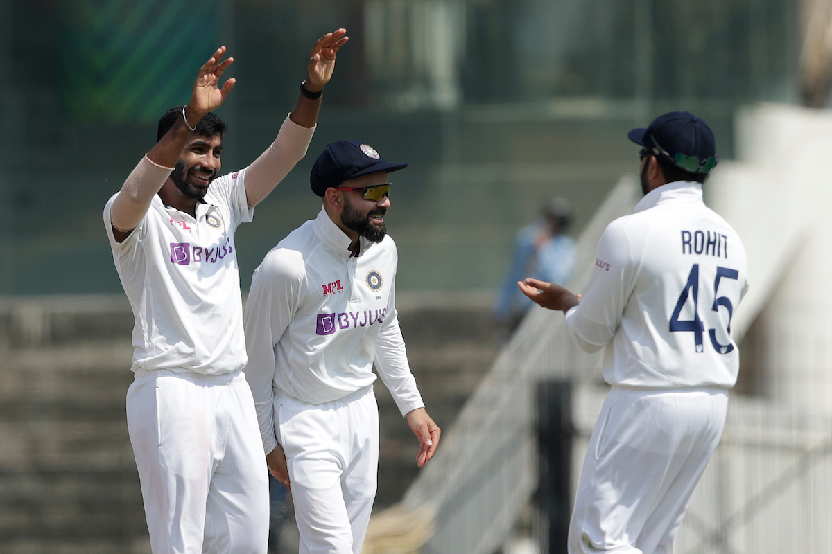 Jasprit Bumrah expressing happiness after taking the wicket