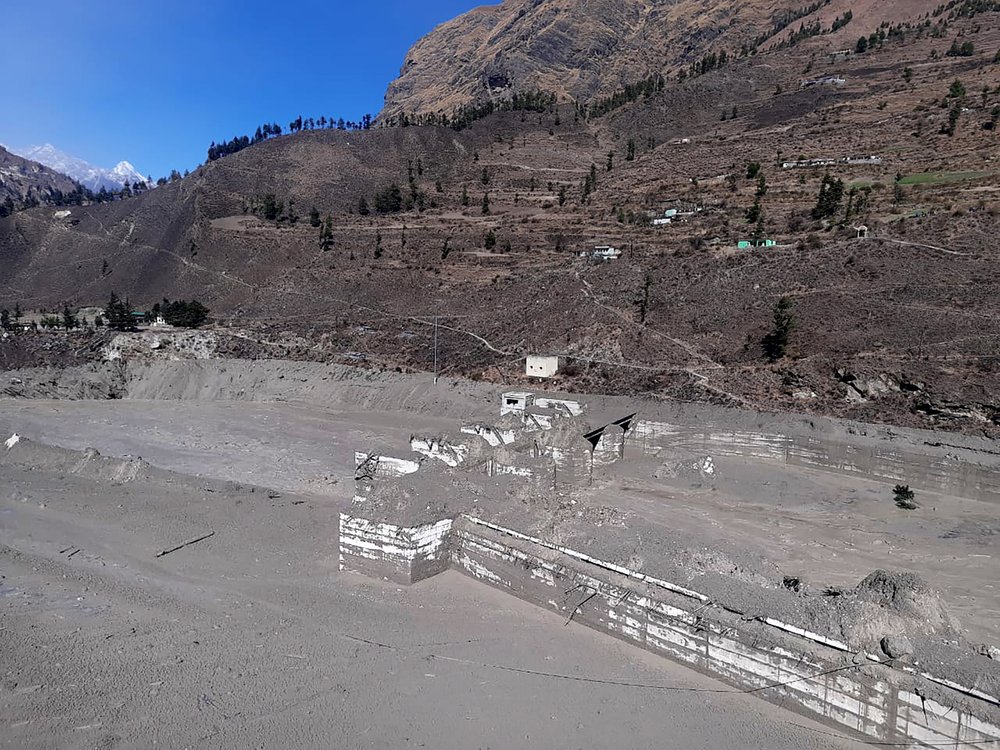 A view of the damaged Dhauliganga hydropower project at Reni village in Chamoli district after portion of Nanda Devi glacier broke off