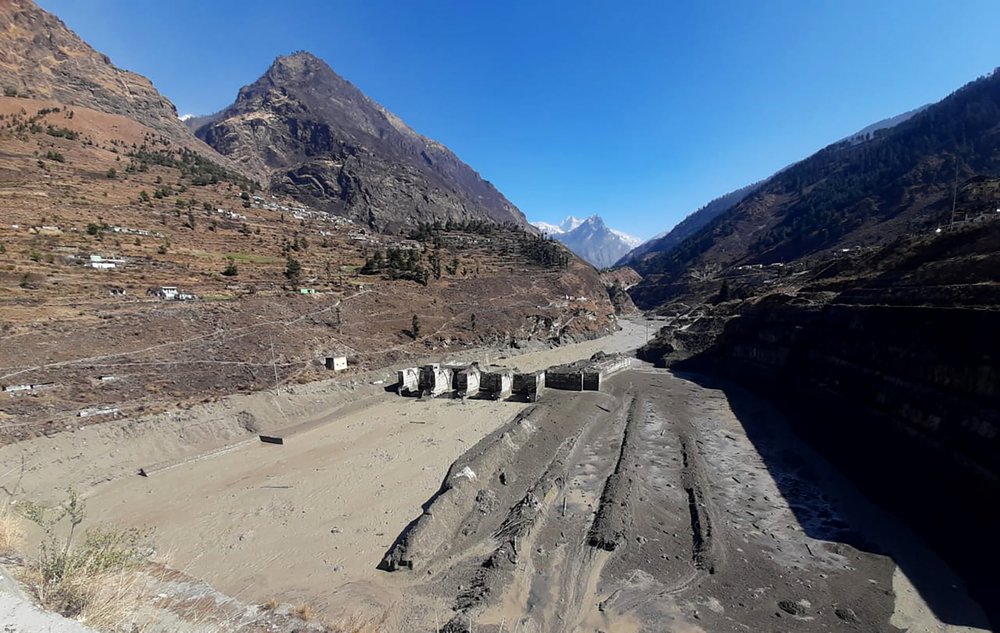 A  view of the damaged Dhauliganga hydropower project at Reni village in Chamoli district after a portion of Nanda Devi glacier broke off i