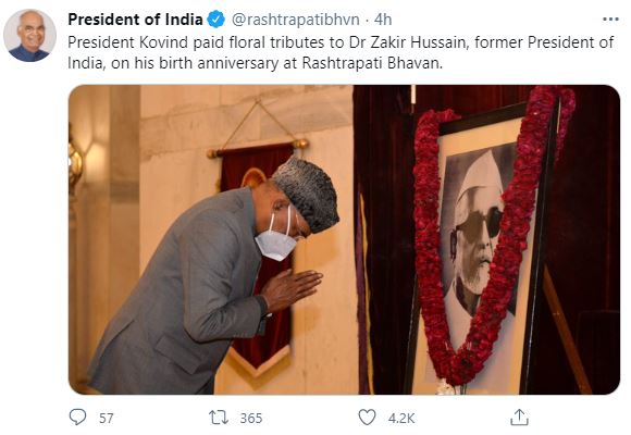 The President paid homage to Dr. Zakir Hussain on his birthday