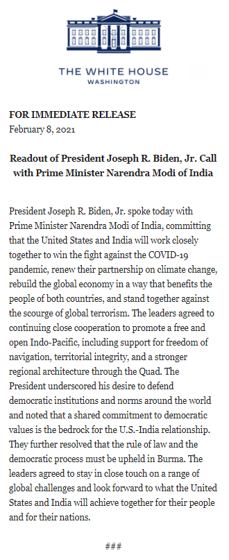 White House Readout on Modi-Biden phone call.