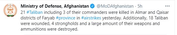 21 taliban militants killed in airstrikes in faryab afghanistan